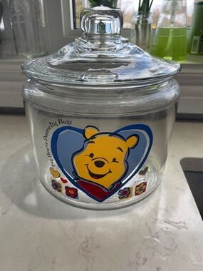 Vintage 90’s Disney Winnie the Pooh Glass Jar with Yellow, Blue, Red Accents